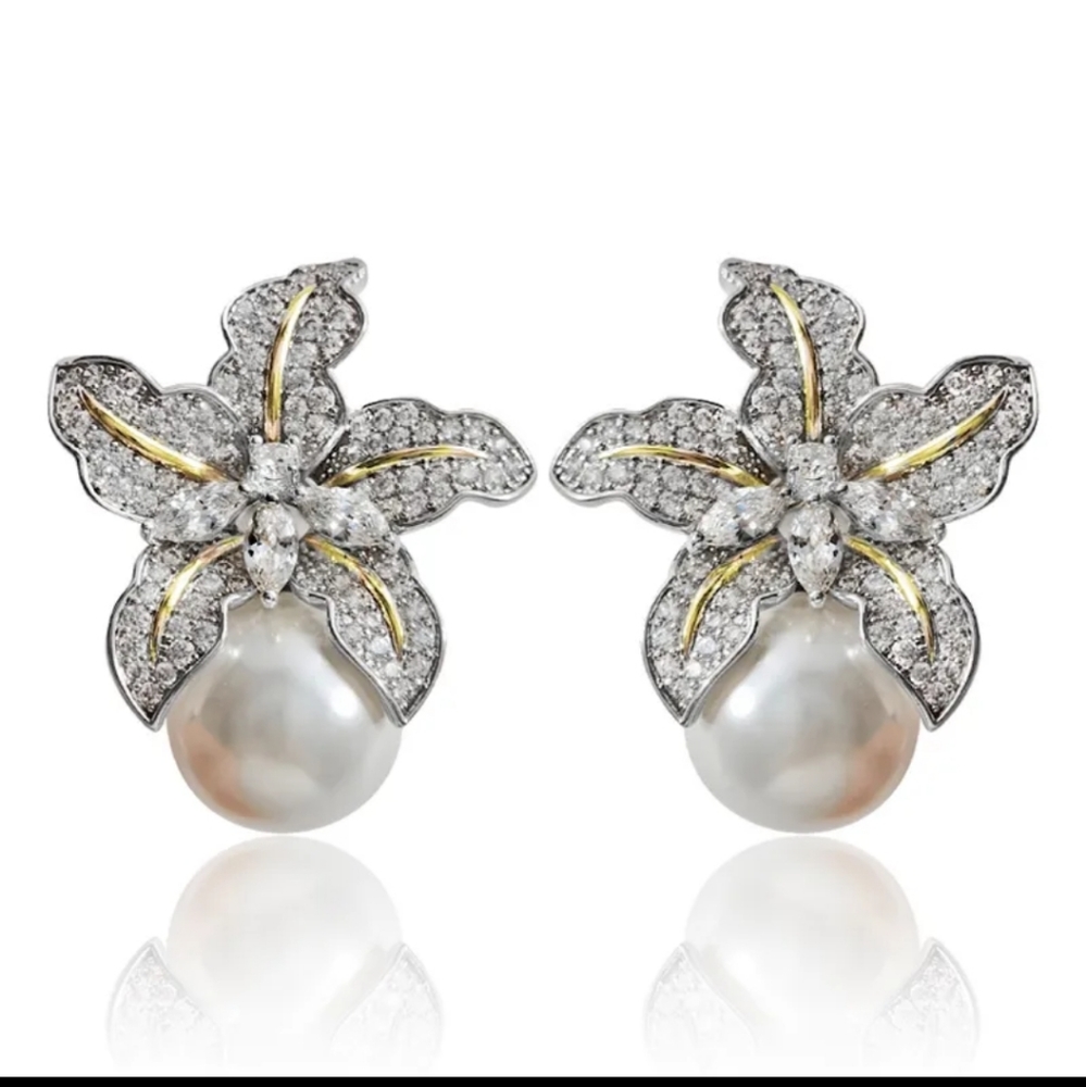 STUNNING orchid flower pearl earrings statement silver gold Crystal stones Stud - Picture 2 of 11